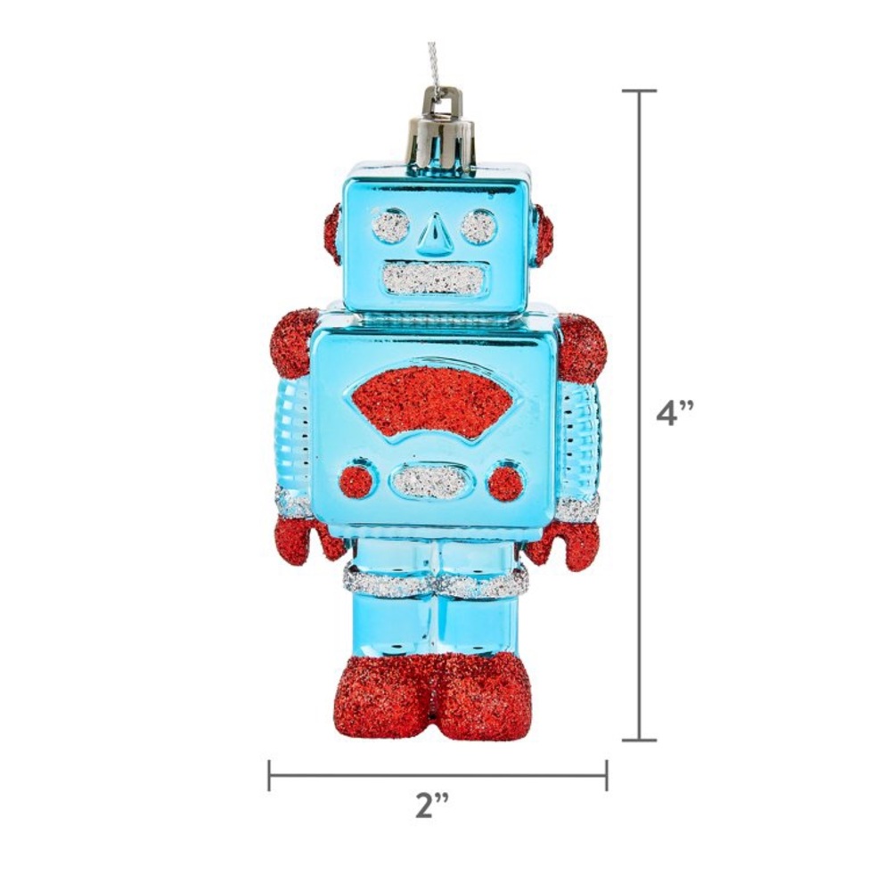 Blue and Red Glitter Robot Christmas Ornament, 4 inch nwt